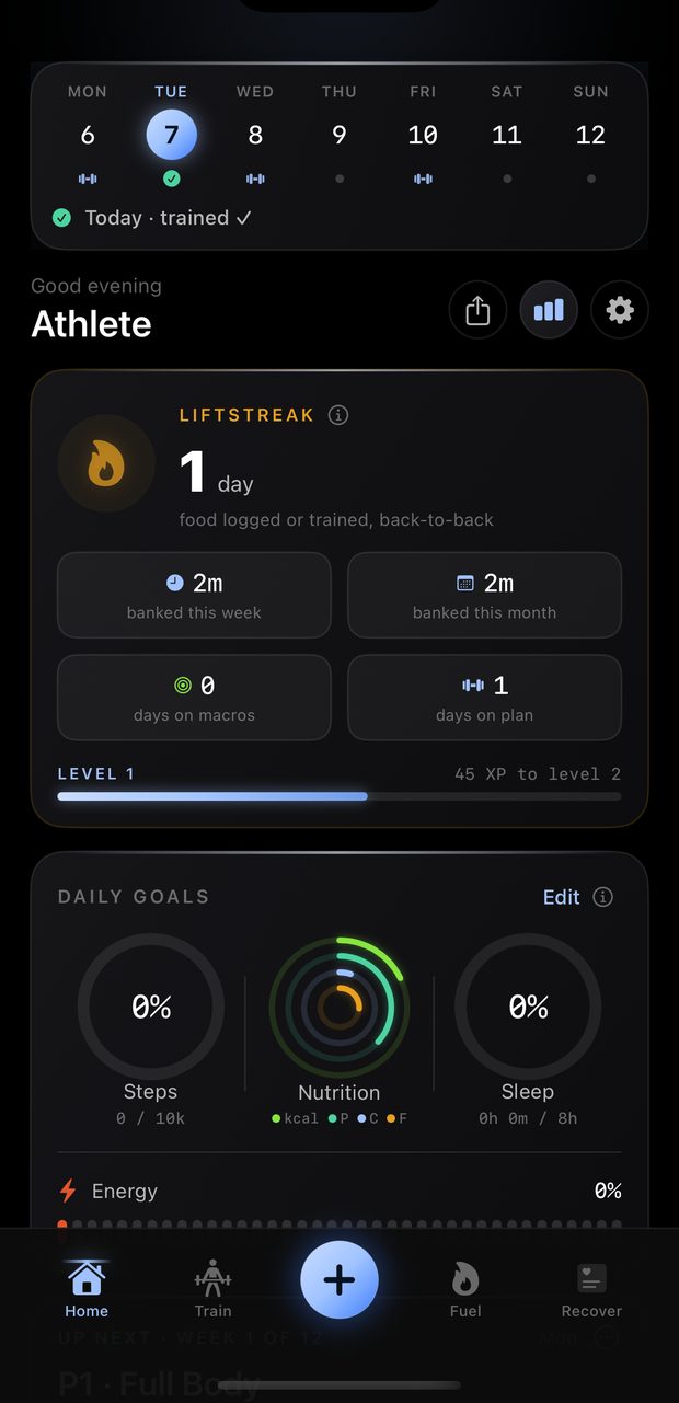 Real LIFT home screen showing training streak, banked minutes, XP level and daily goal rings