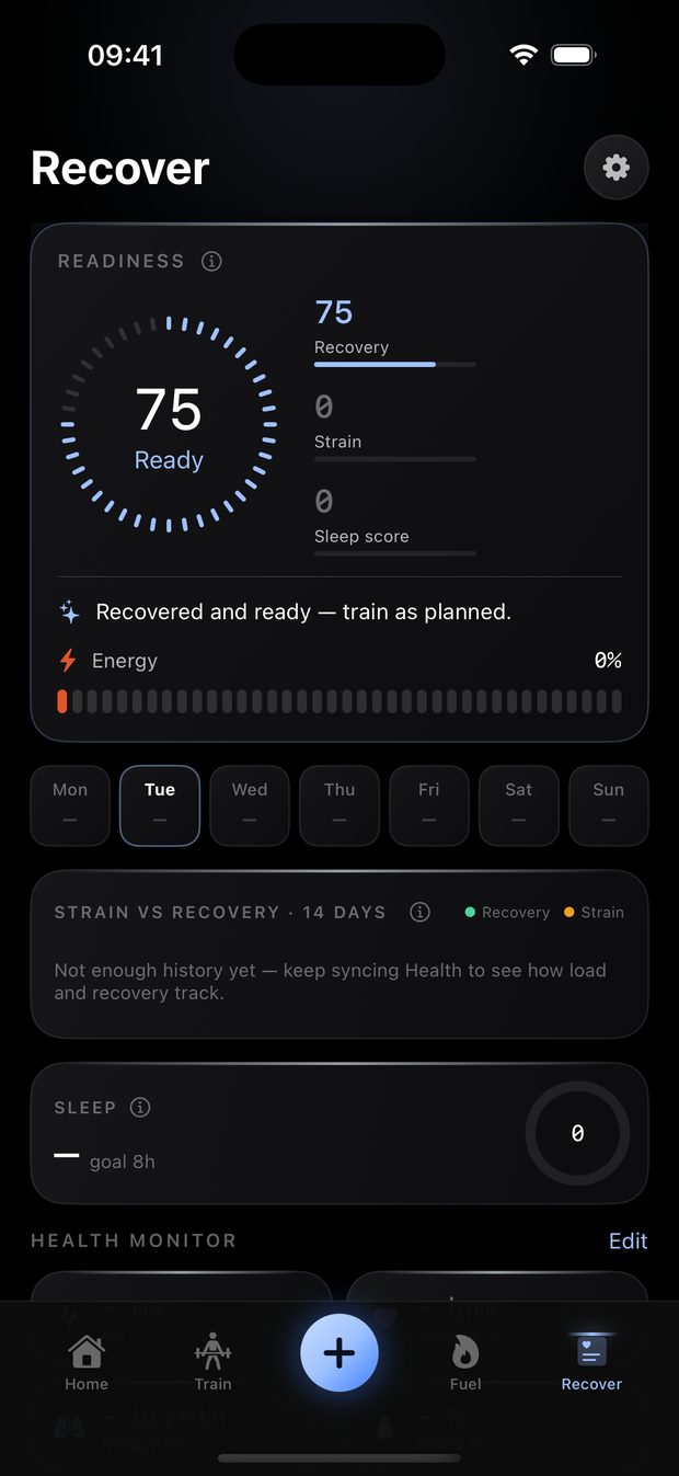 Real LIFT screenshot of the Recover screen showing a readiness dial of 75, Ready