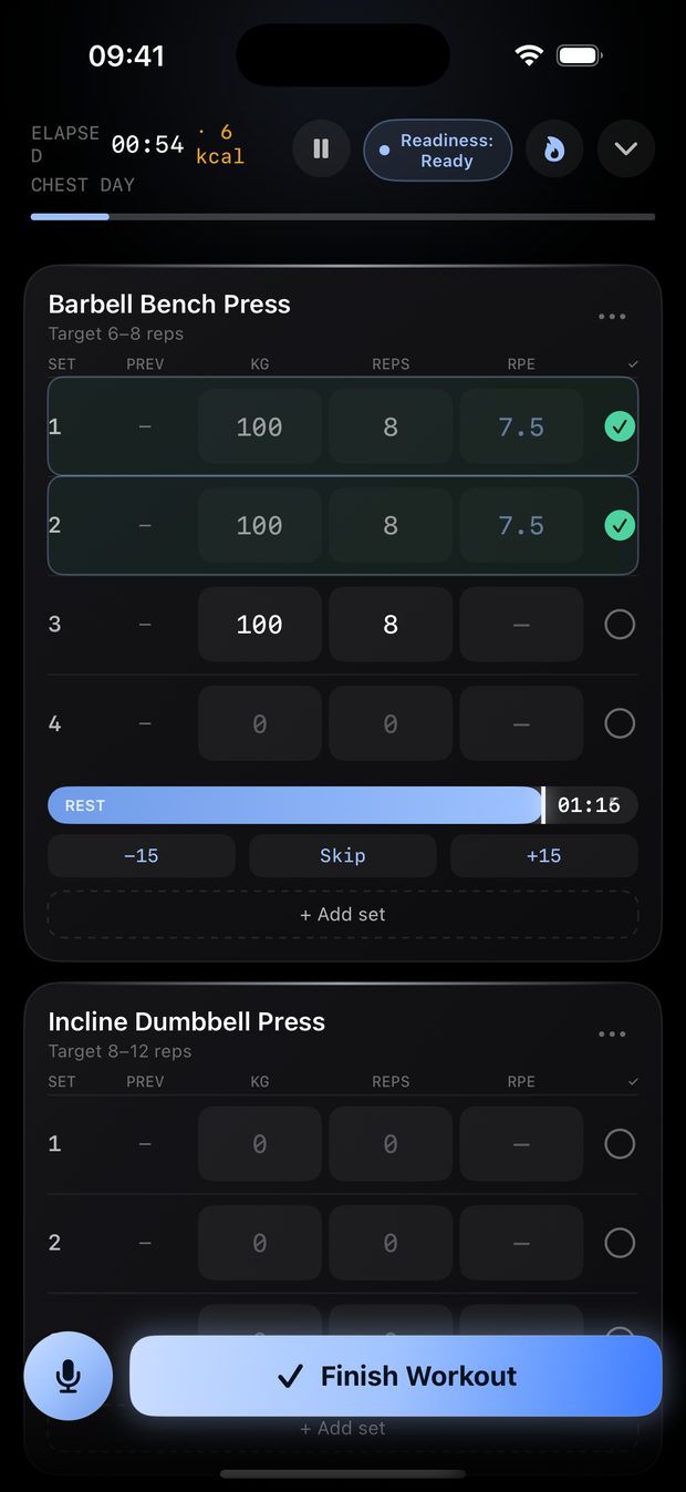 Real LIFT screenshot of an active chest workout with completed sets on Barbell Bench Press